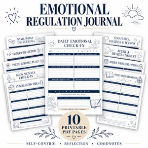 May include: An Emotional Regulation Journal featuring 10 printable PDF pages with dark blue text and line art. The pages include sections for daily check-ins, trigger reflections, body signals, and weekly reviews with prompts for thoughts and feelings.