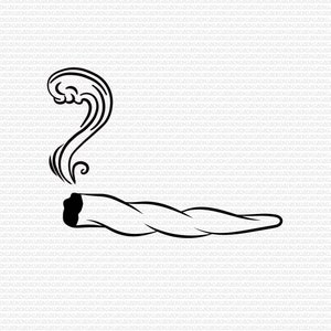 Puede incluir: Ilustración en blanco y negro de un porro encendido con humo ascendente. El porro se representa con un diseño de papel retorcido, y el humo se enrosca hacia arriba de forma estilizada.