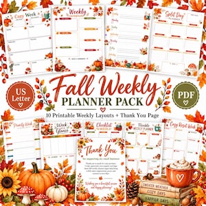 Peut inclure: Un ensemble de dix pages de planning hebdomadaire imprimables ornées d'illustrations automnales de citrouilles, tournesols et feuilles d'automne. Les pages incluent des textes comme Cozy Week, Weekly Dashboard et une page de remerciement.