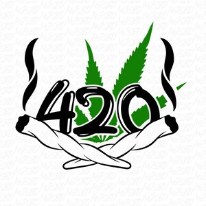 May include: A graphic design featuring the number "420" in black with a green cannabis leaf and two crossed joints. The joints are white with black tips, and smoke curls upwards from them.