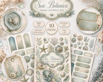 Sea Botanica Junk Journal Kit, Coastal Junk Journal Printable, Ocean Ephemera, Shell & Botanical Elements, 10 Pages, scrapbooking, Digital