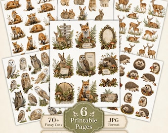 Woodland Junk Journal Ephemera, Woodland Animal Fussy Cuts, Foxes Rabbits Deer Owls Hedgehogs, Printable JPG Kit