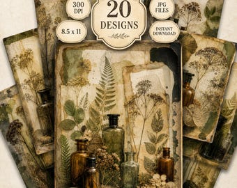 Digital Paper Pack, Apothecary, Vintage Botanical Printable Paper, Herbal Backgrounds, Academia Paper JPG, Instant Download, Junk Journal
