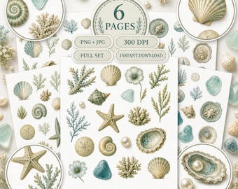 Sea Botanica Fussy Cuts, Junk Journal Printable, Coastal Ephemera, Shell & Ocean Botanical Elements, 6 Pages, Instant Download, Scrapbooking
