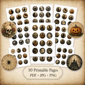 Puede incluir: Una colección de diez páginas imprimibles con ilustraciones circulares de temática de Halloween que incluyen calaveras, calabazas, casas encantadas, cuervos, fantasmas y arañas en telarañas. El texto 10 Printable Pages PDF JPG PNG aparece abajo.