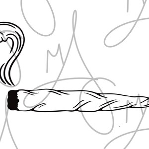 May include: Black and white illustration of a rolled cigarette with smoke rising from it. The cigarette is tightly rolled with a dark filter. The smoke is stylized with curved lines.