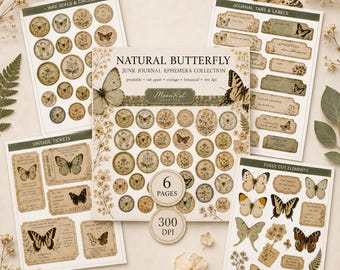 Junk Journal Kit, Butterfies, Butterfly Ephemera Collection, Vintage Botanical Printable Kit, Fussy Cuts, Tags Tickets Labels, Printable