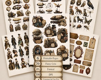 Steampunk Fussy Cuts Printable, Steampunk Ephemera, Victorian Junk Journal Kit, Mechanical Animals, Airships, 6 JPG Pages