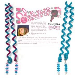 May include: Two turquoise and pink hair wraps with crystal beads. The wraps are coiled and designed to help create curls. The packaging shows a young girl with curly hair and the text "Twirly Do Reusable Hair Wraps".