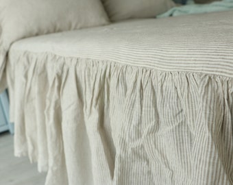 Ruffled linen bed skirt in Striped, Linen bed valance, Mother's Day gift, Linen Bedskirt, Queen, King, Twin, Full, California King