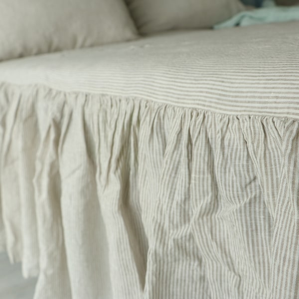 Ruffled linen bed skirt in Striped, Linen bed valance, Mother's Day gift, Linen Bedskirt, Queen, King, Twin, Full, California King