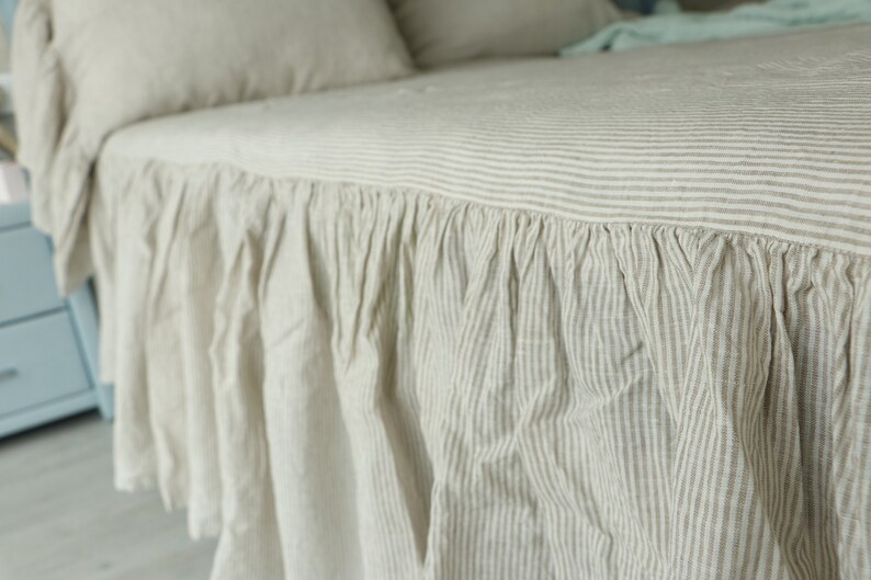 Ruffled Linen Bed Skirt in Striped, Linen Bed Valance, Mother's Day