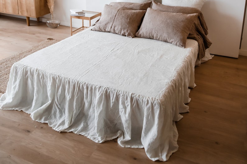 Ruffled Linen Bed Skirt in Ivory Color Linen Bedskirt Organic Washed
