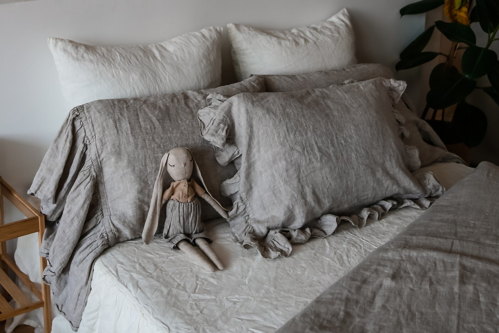 Natural Grey Linen Pillow Cover, Linen Pillow Case With Ruffles