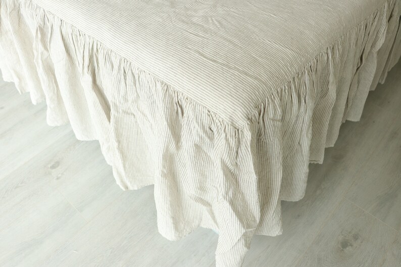 Ruffled Linen Bed Skirt in Striped, Linen Bed Valance, Mother's Day