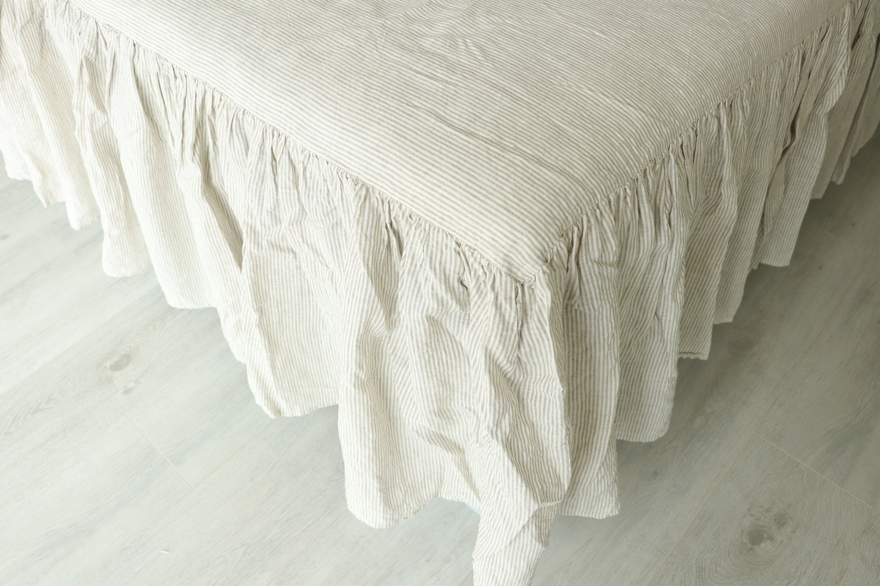 Ruffled Linen Bed Skirt in Striped, Linen Bed Valance, Mother's Day