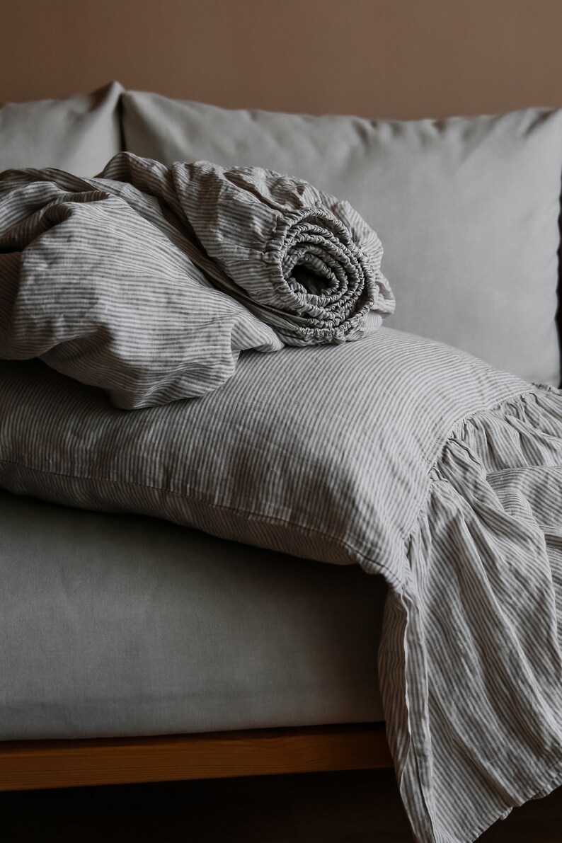 Striped Natural Linen Pillow Case With Long Ruffles Shabby Etsy