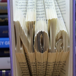 Puede incluir: Un libro con la palabra "NOLA" doblada en las p&aacute;ginas. El libro es morado y est&aacute; de pie en una estanter&iacute;a.