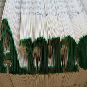 Puede incluir: Un libro doblado en forma del nombre "Alice" con bordes verdes. El libro est&aacute; doblado de forma que crea un efecto 3D.