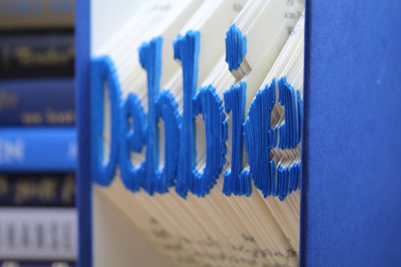 Puede incluir: Un libro con el nombre "Debbie" escrito en papel azul en la portada. El libro est&aacute; cerrado y la columna vertebral es visible.
