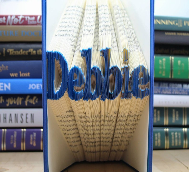 The name Debbie folded into a book and colored blue sitting in front of 2 book stacks