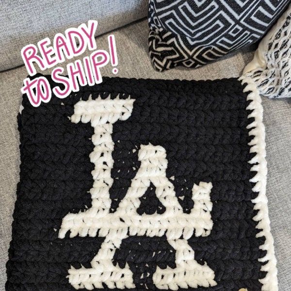 LA Baby Dodger Fan B&W crochet baby blanket, 26" x 38", black and white, all white border, handmade, crib blanket, toddler blanket, keepsake
