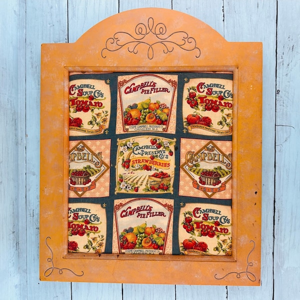 Vintage Handmade Memo Bulletin Fabric Board with Campbell Soup Fabric