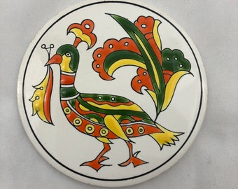 Vinage Pandora Ceramics Made in Greece Hand Painted Colorful Duck or Chicken Coaster Tile