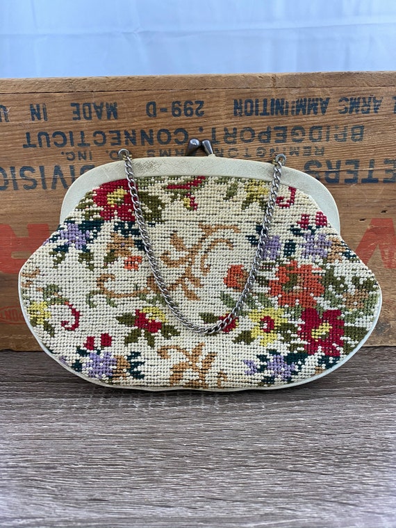 Vintage Needlepoint Clutch Purse Evening Handbag Flor… Gem