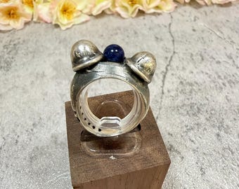 Vintage Brutalist Silver Ring Lapis Lazuli Orb Modernist