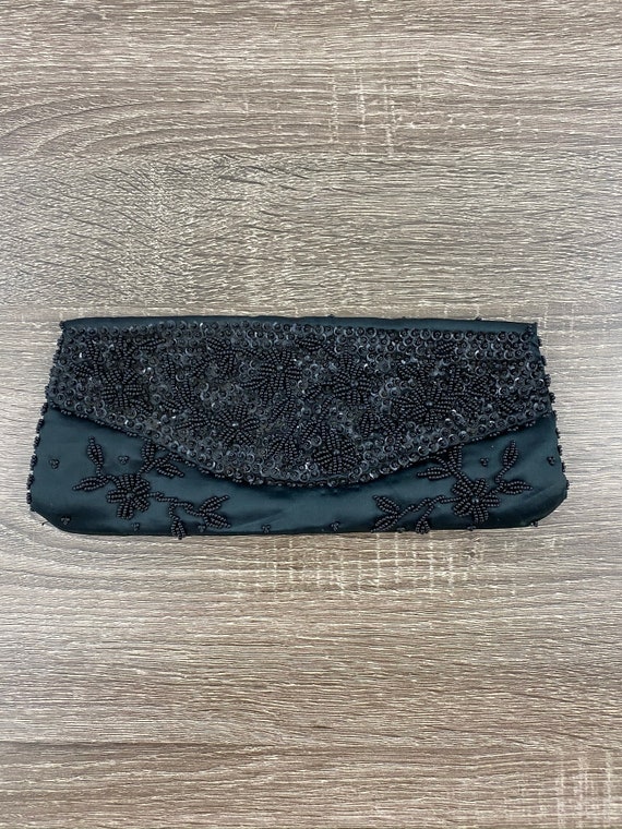 Vintage Black Silk Beaded Evening Clutch Bag Hand… - image 1