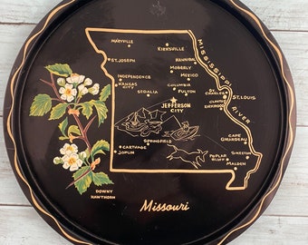 Vintage Black Metal State of Missouri Round Tray Travel Souvenir