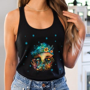 Cottagecore Floral Mushroom Racerback Tank Top, Boho Tank, Celestial, Groovy, Aesthetic Tank, Hippie, Nature, Wildflower, Cottagecore Tank