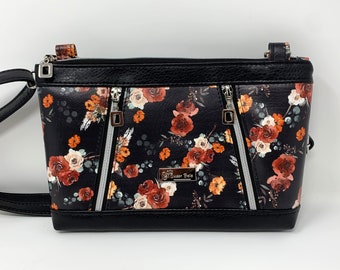 Handmade Black and Flower Print Crossbody Bag