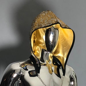 Festival Rave Hood in Gold Holograpic Sequins with Gold Foil Coated Spandex Lining
