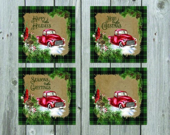 Christmas Sandstone Coasters - Green Plaid / Red Truck