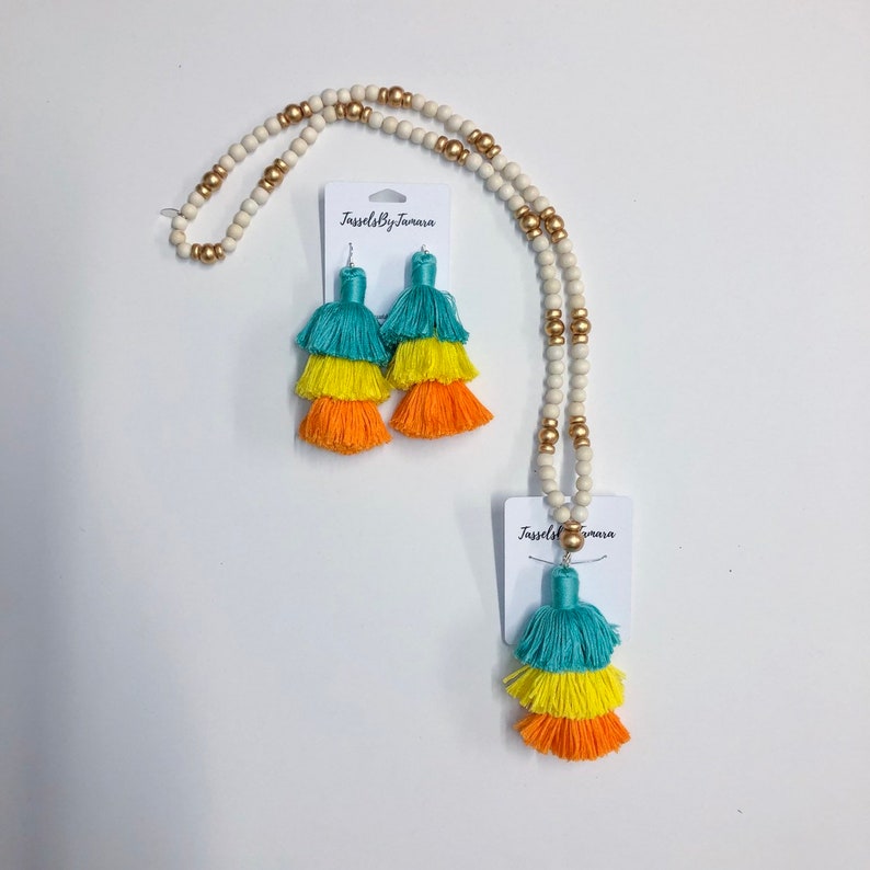 Large Triple Stack Tassel Earrings /& Necklace Combo