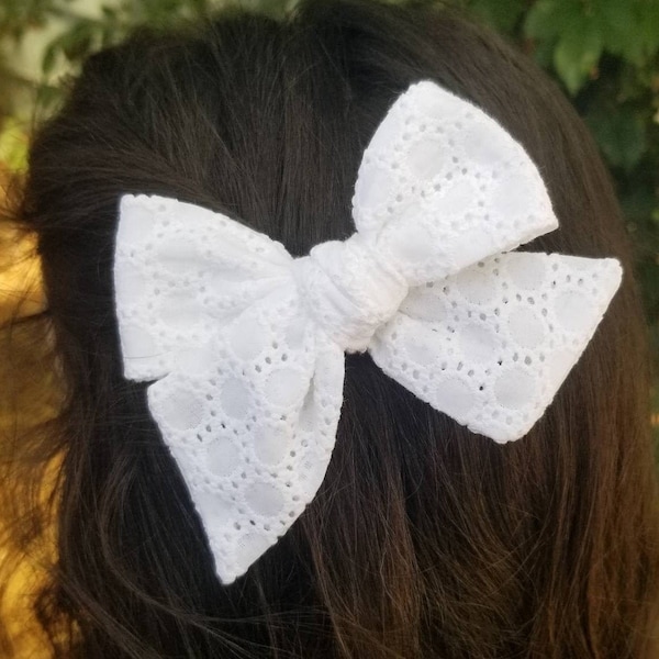 White Eyelet Bow. White Eyelet Lace Bow. White Pinwheel Bow. White Baby Bow. White Hair Bow. White Top Knot Hair Bow. White School Girl Bow.