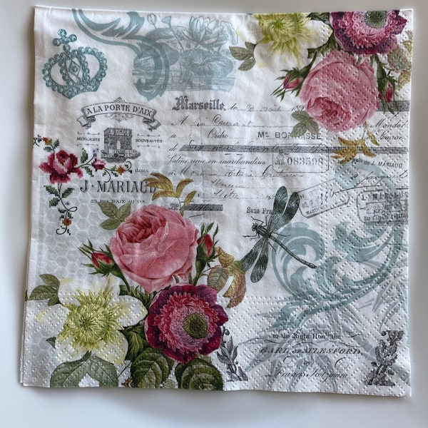 FREE SHIP - Decorative Tissue Luncheon Napkin for Decoupage "Roses Script and Dragonflies"