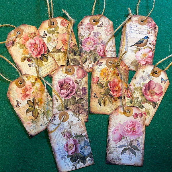 FREE SHIP - (Set of 10) Floral Tags 2 x 3 1/8