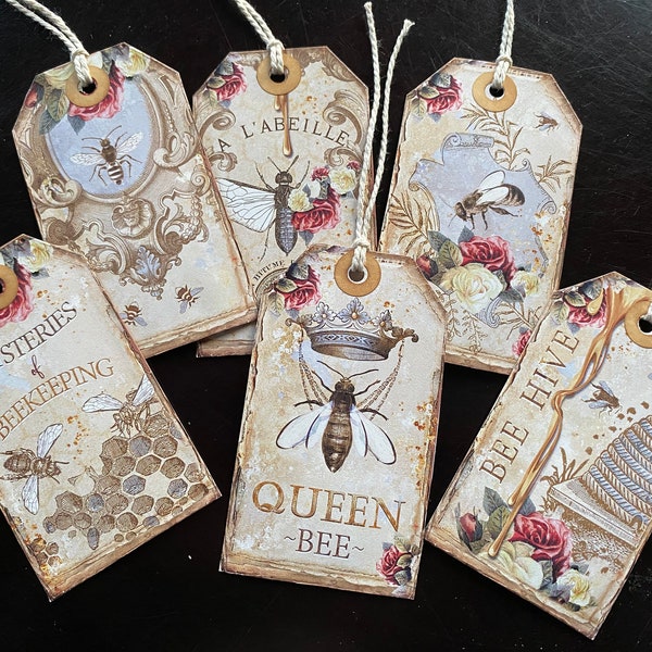 FREE SHIP - Vintage (Set of 6) Bees and Roses Tags 3 7/8 x 2 1/4