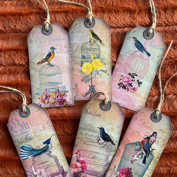 FREE SHIP - Vintage (Set of 6) Birdcage Tags 2 1/8 x 4 1/4