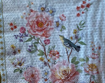 FREE SHIP - Decorative Tissue Luncheon Napkin "Wild Roses and Birds"