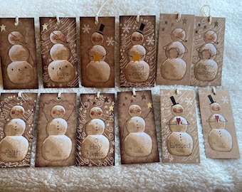 FREE SHIP - Vintage (Set of 12) Snowman Christmas Tags 2 3/8 x 4 5/8