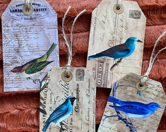 FREE SHIP - Vintage (Set of 4) Bird Hang Tags 2 7/8  x 4 5/8.