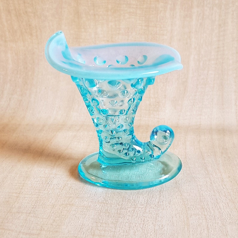 Fenton Blue Opalescent Glass Hobnail Cornucopia Candle Holder Etsy