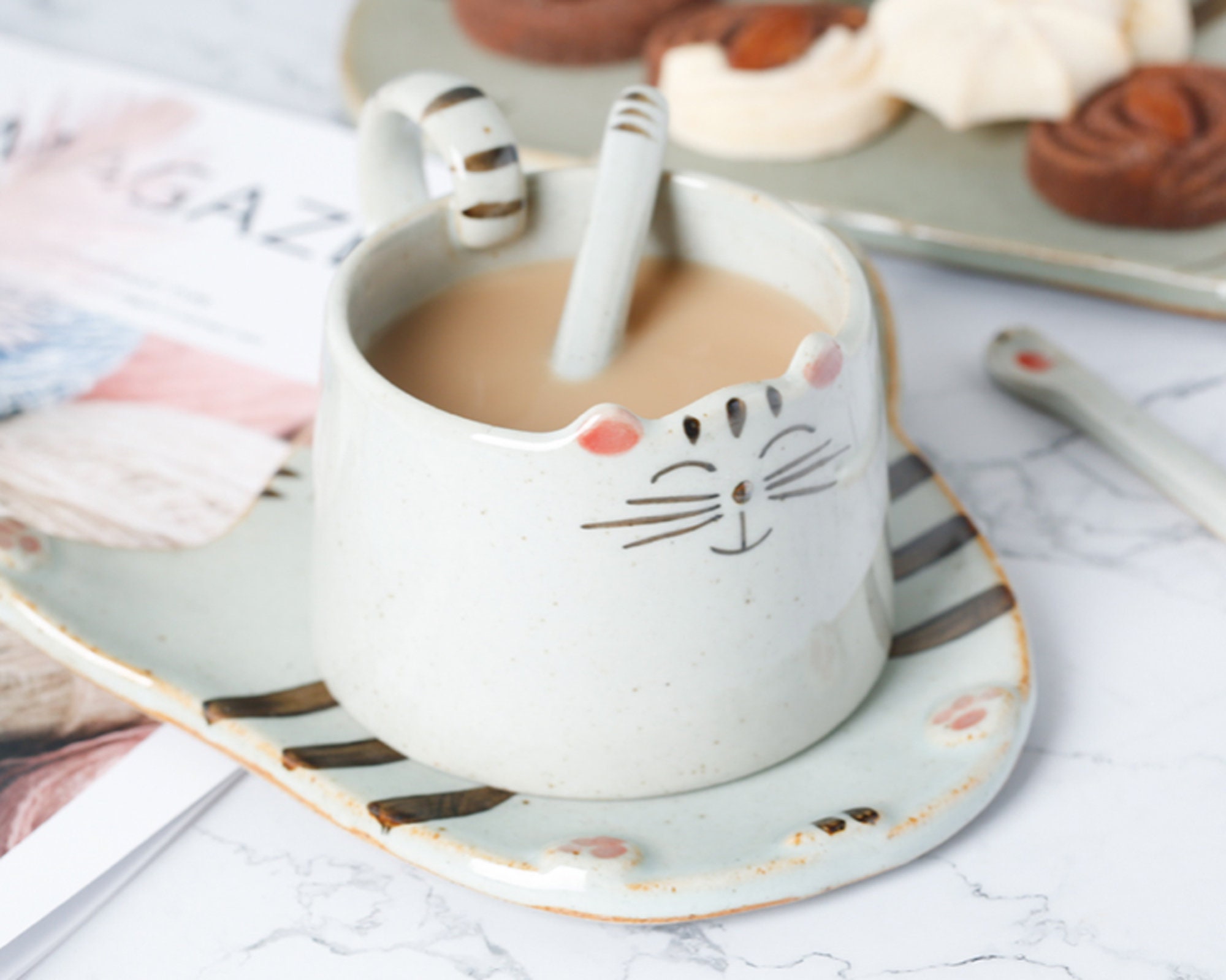 Cute Cat Coffee Mug with Stirrer Unique Cat Mug Handmade Etsy