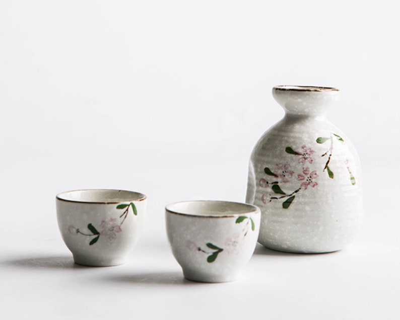 Ceramic Sake Set Japanese Handpainted Sake Cup Sakura Etsy