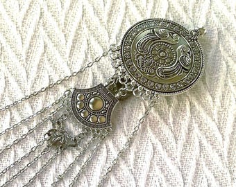 Victorian Style Bird Chatelaine: Silver 9-Chain Pendant Clip