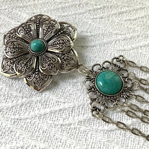 Chatelaine grande de plata: organizador de herramientas de costura turquesa con motivos florales vintage